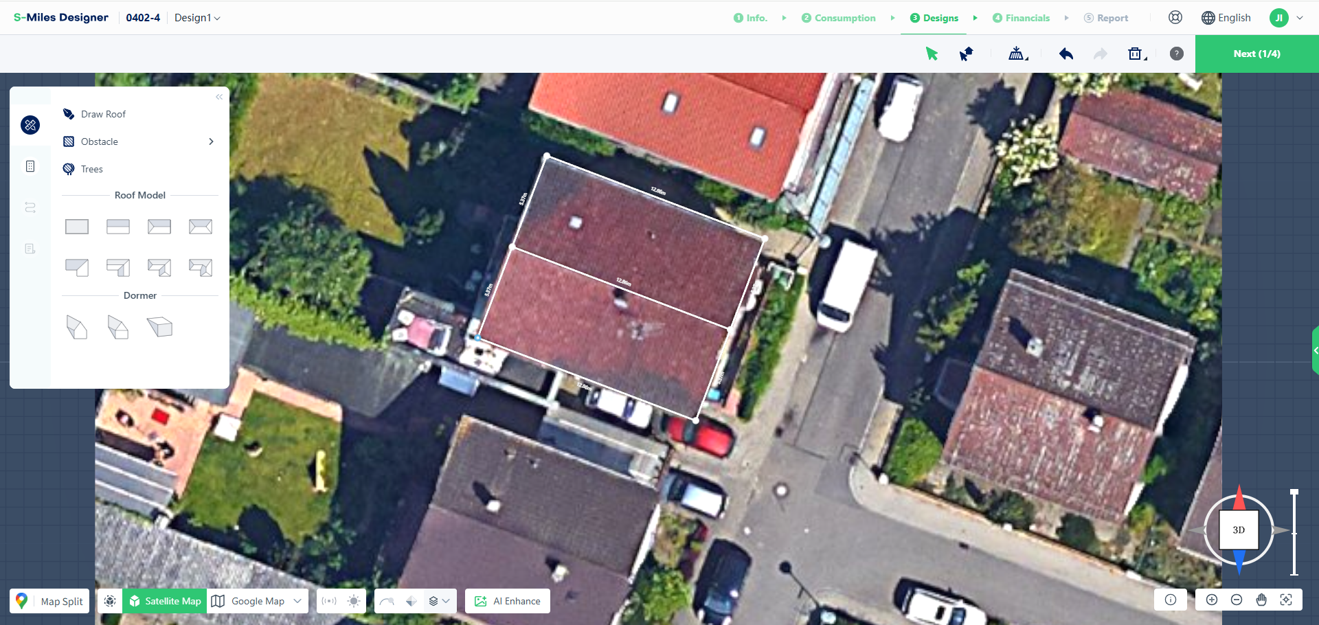 Close sketched roof outline to auto-generate 3D roof model in S-Miles Designer, 2D preview display