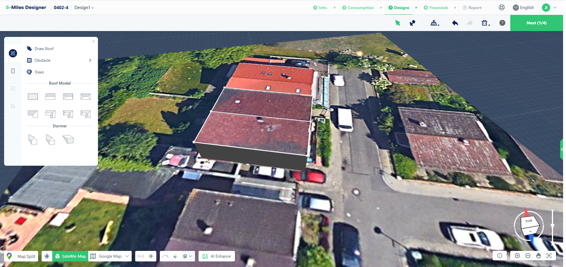 Close sketched roof outline to auto-generate 3D roof model in S-Miles Designer, 3D preview display