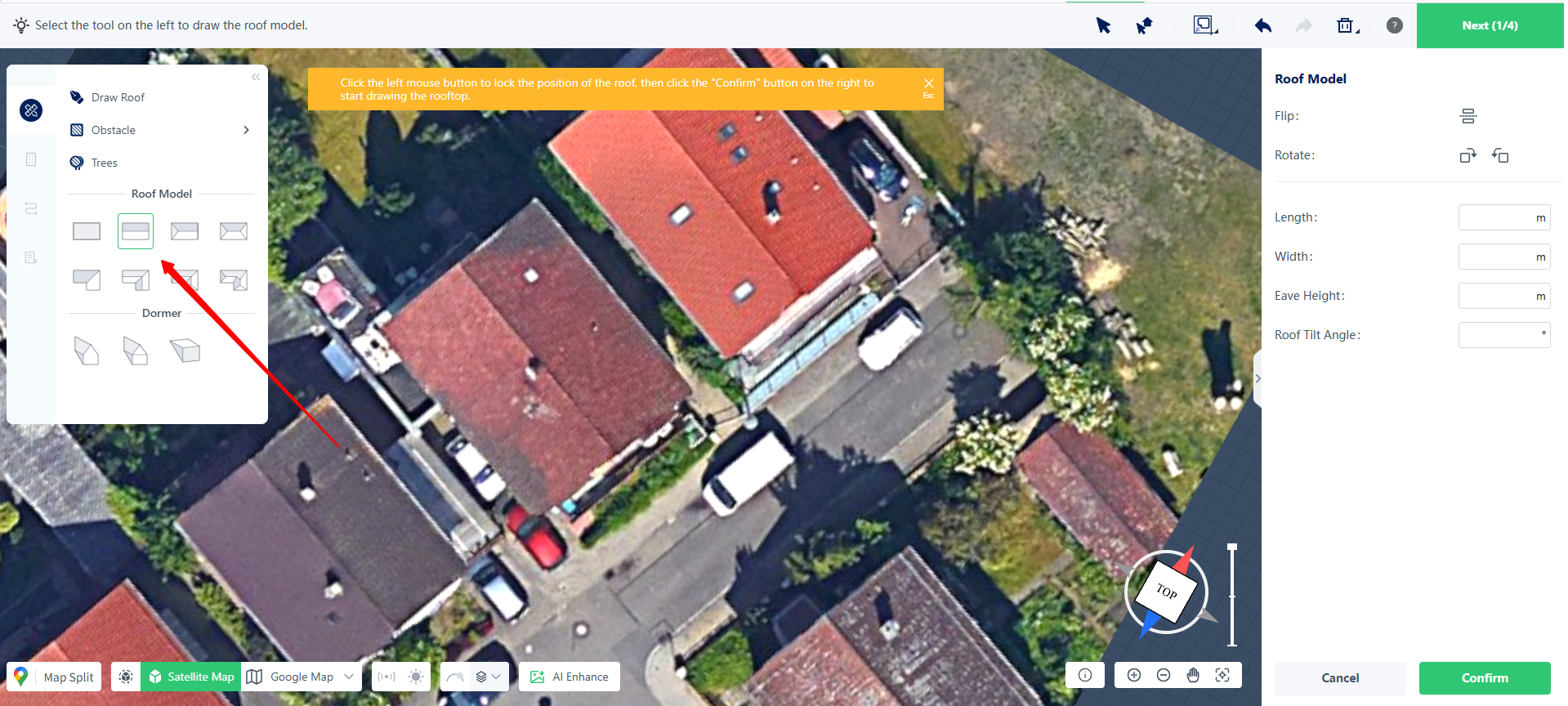 Roof template selection area on left sidebar