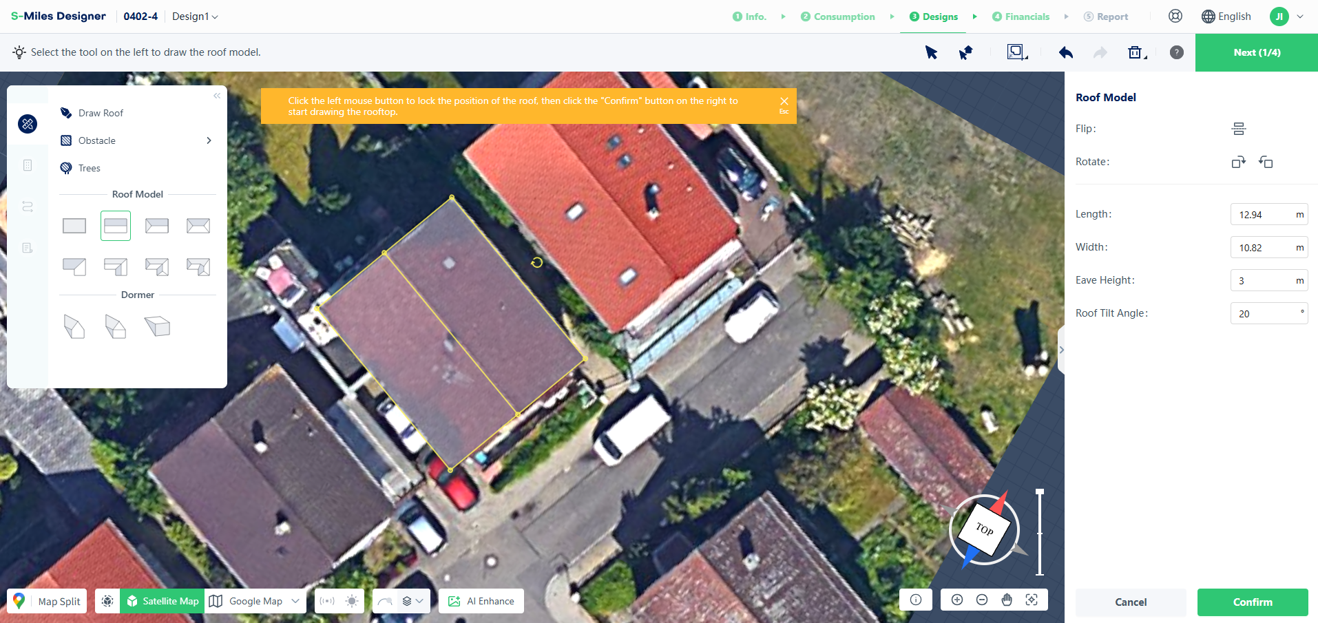 Completed roof generated by dragging preset template on satellite imagery