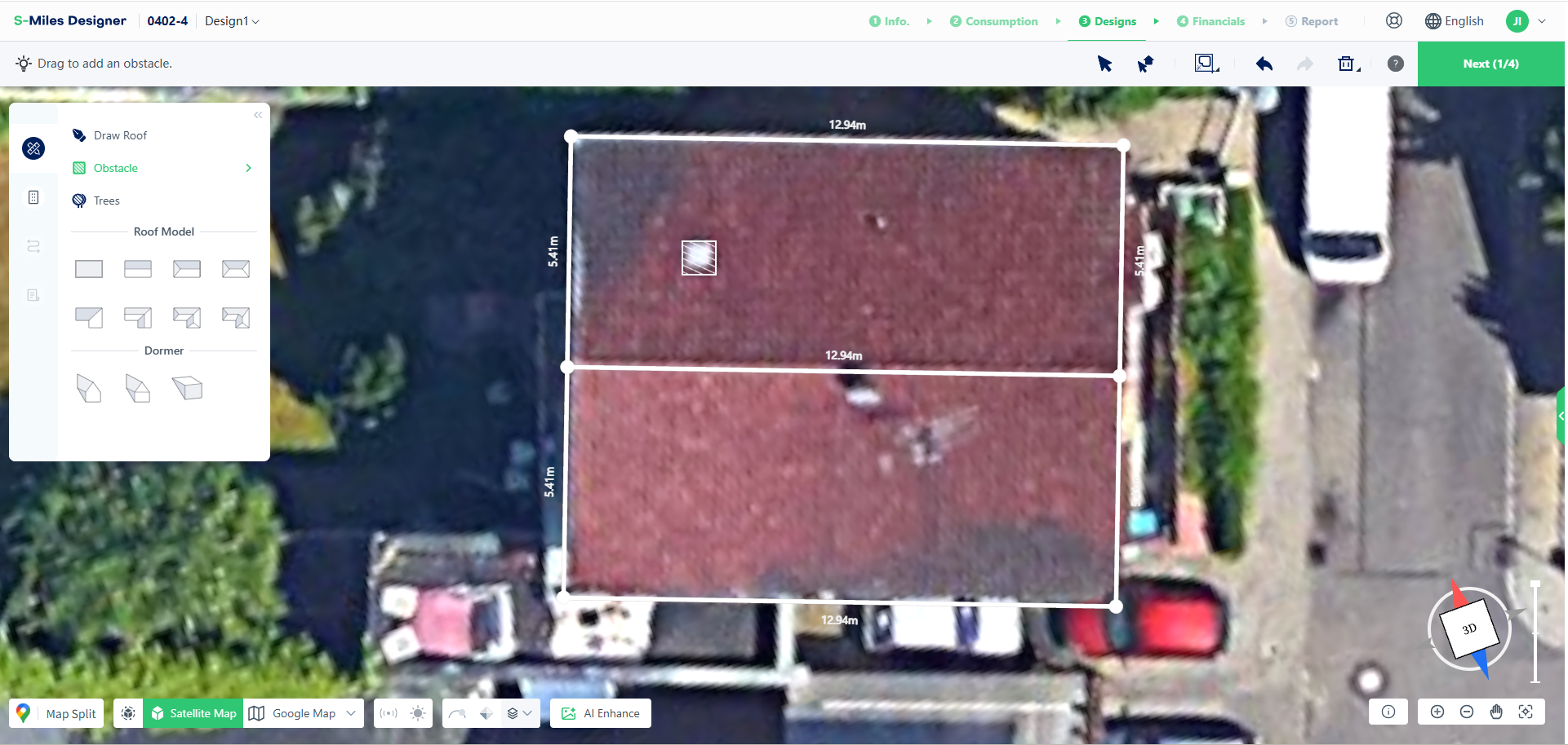 Edit obstacle size/rotation via handles or right-side parameter input, 2D view