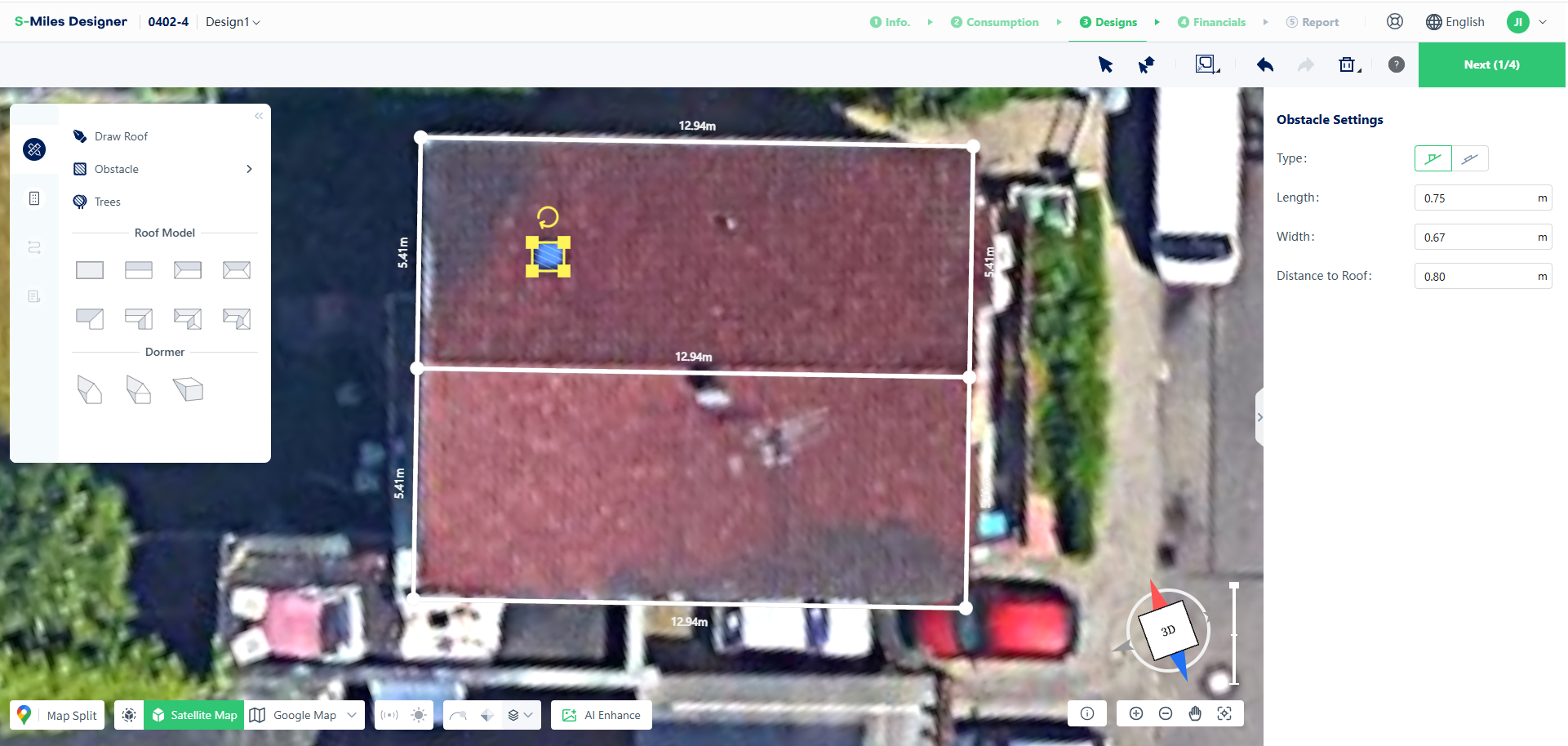 Completed obstacle drawing with auto-selected obstacle in 2D view