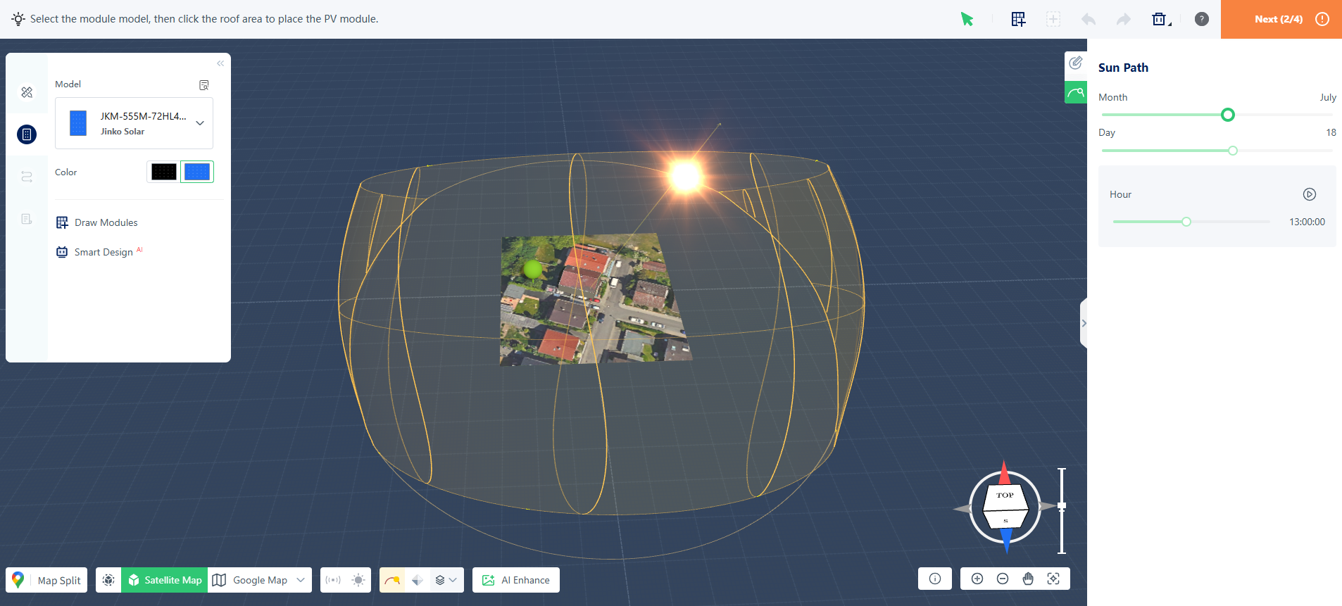 Sun path simulation view with adjustable configuration panel