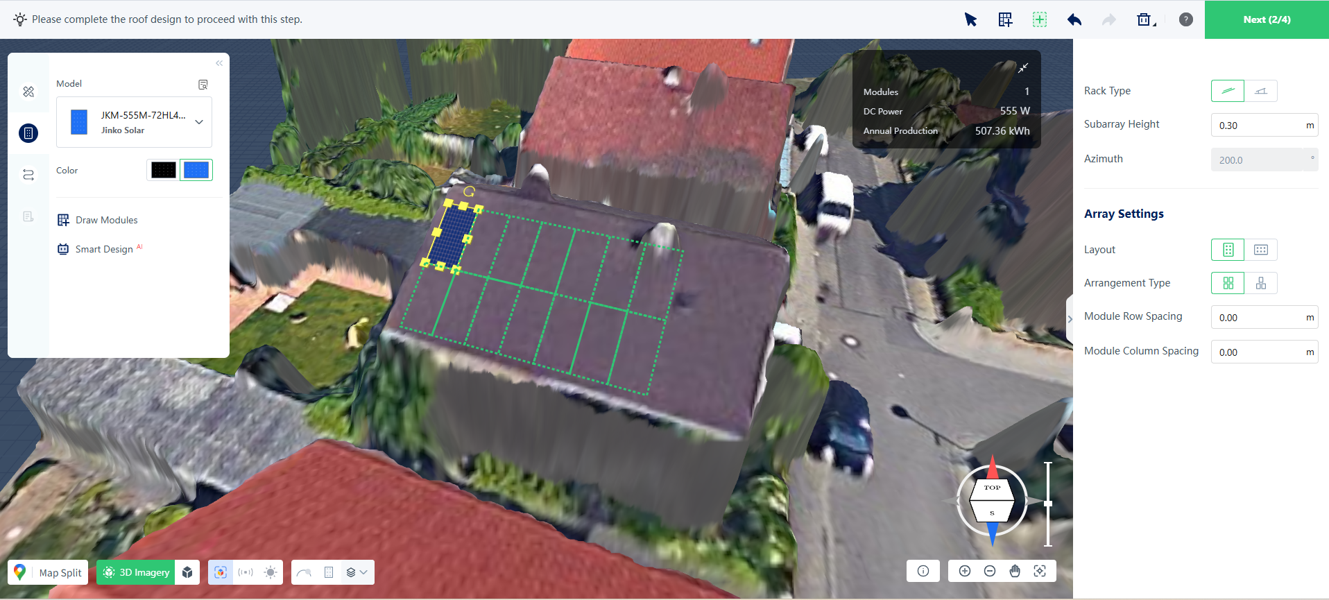 Add module mode enabled; click or drag on roof to place auto-aligned PV modules