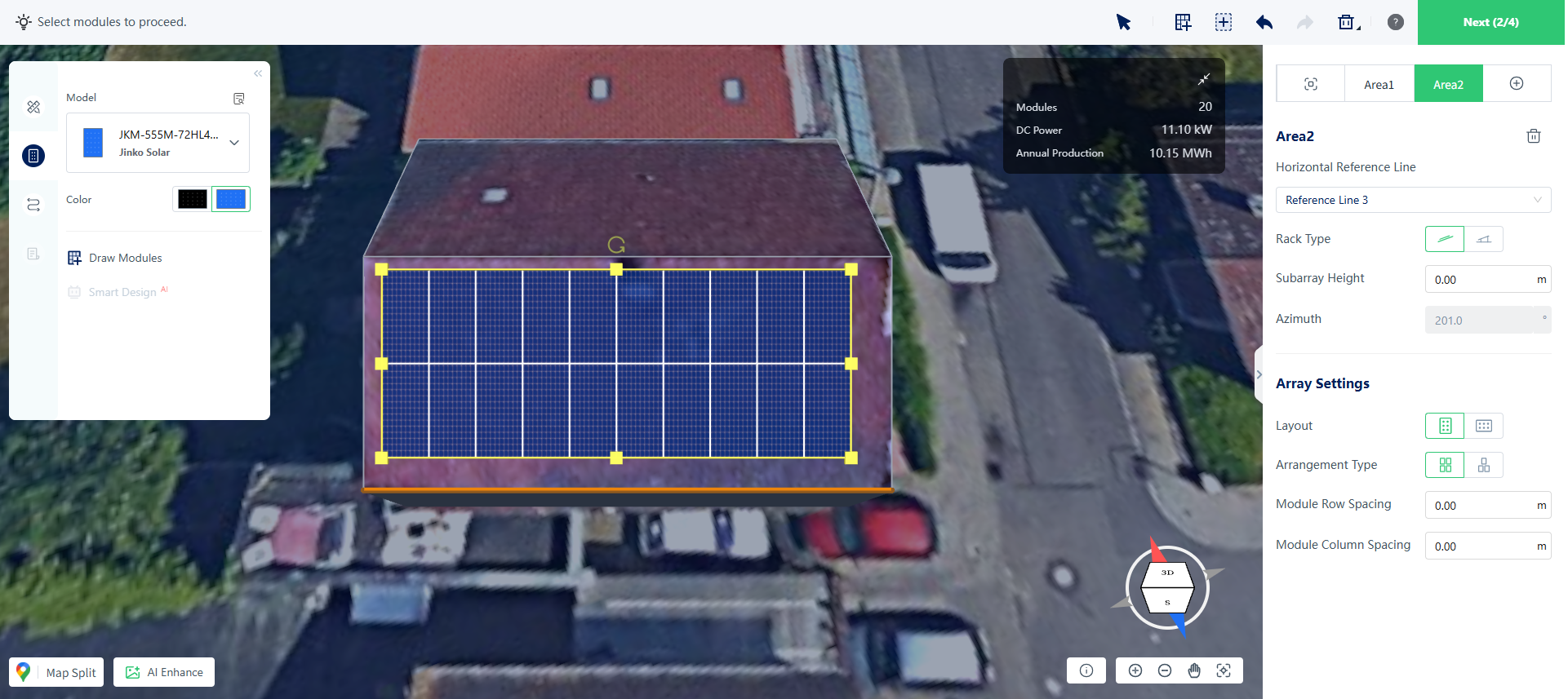 Editable selected module array with adjustment controls