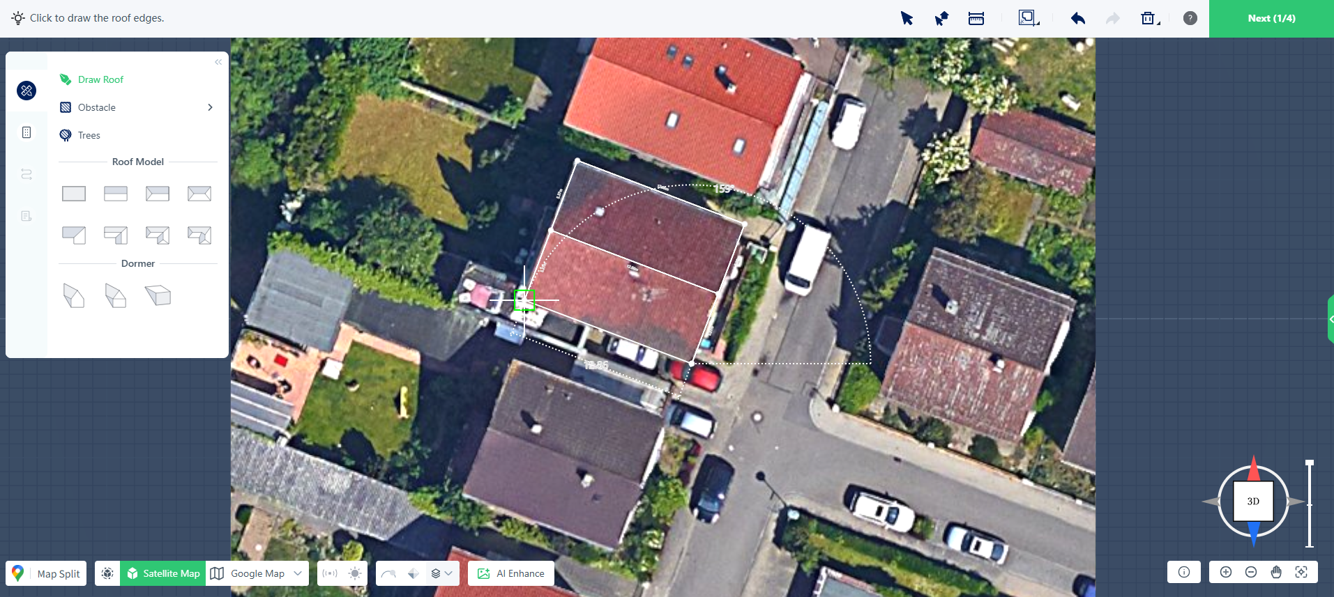 Drag along roof edges on satellite map to trace full roof perimeter