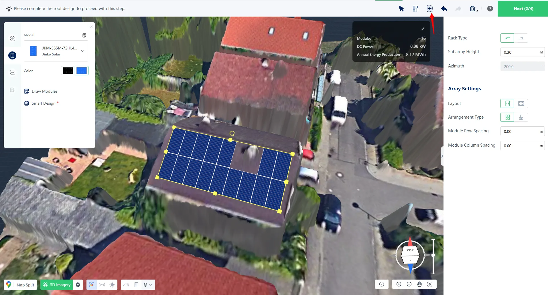 Selected PV array with extra editing tools displayed on top toolbar